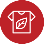Icon representing eco-friendly products, red circular background with white shirt and leaf